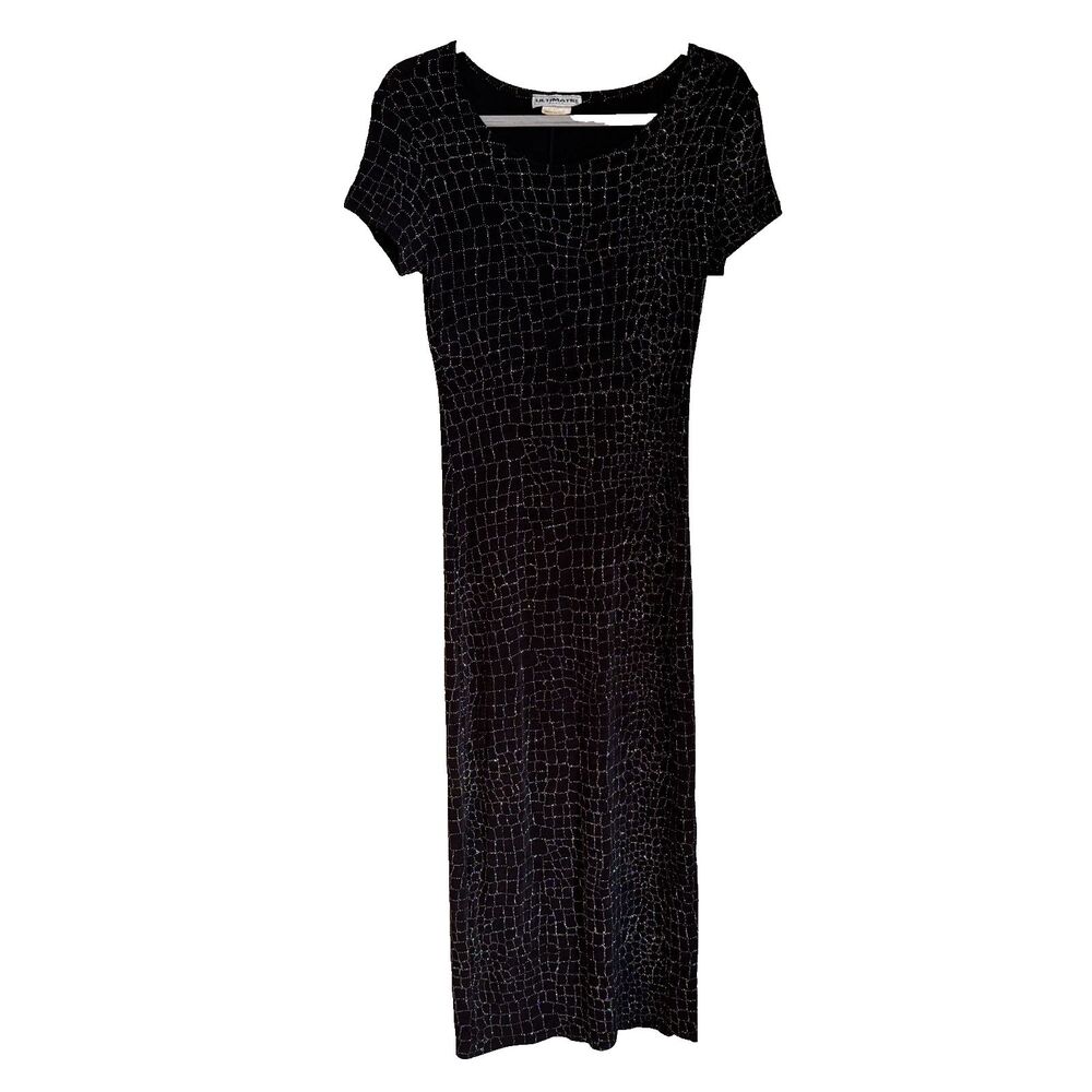 Vintage Black Sparkly Slinky Maxi Dress Alligator Print Womens Medium 90s Y2K
